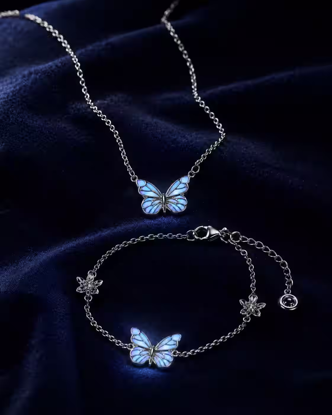 The Midnight Butterfly bracelet glowing softly in a dark room